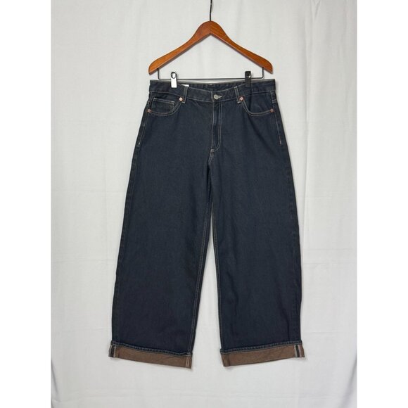 Zara Denim - Zara Dark Dirty Denim 100% Cotton Low Rise Cuffed Relaxed Wide Leg Jeans Size 12
